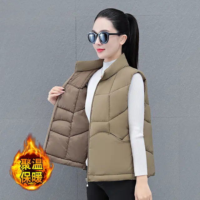 缪斯的诱惑 时尚潮流洋气经典简约纯色外穿防风加厚休闲运动轻便通勤棉服外套工装宽松无袖背心坎肩马夹百搭保暖厚实立领棉马甲 女款