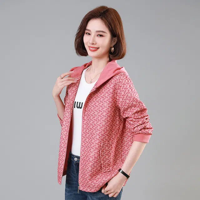 缪斯的诱惑 时尚潮流经典复古满印格纹舒适柔软运动休闲小香风外套帽衫上衣洋气减龄高级感百搭优雅气质简约宽松针织衫轻奢拼色连帽夹克 女款