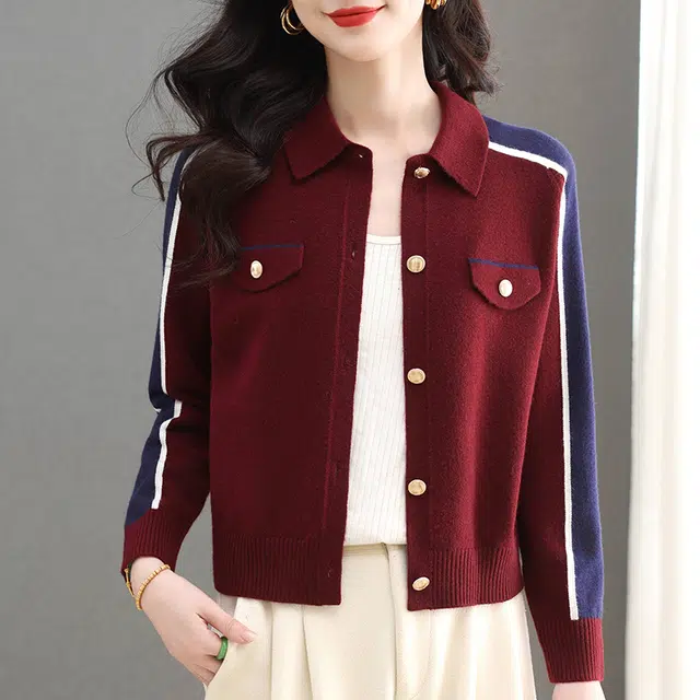 缪斯的诱惑 时尚潮流拼色设计感高雅气质外穿上衣日常百搭显瘦休闲舒适洋气减龄简约正肩长袖单排扣优雅小香短款外套翻领针织开衫毛衣 女款