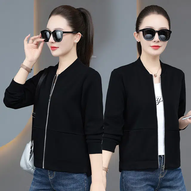 缪斯的诱惑 春秋穿搭时尚潮流纯色运动休闲长袖针织衫经典复古风棒球领上衣简约洋气减龄户外百搭软壳衣舒适亲肤外套立领夹克 女款