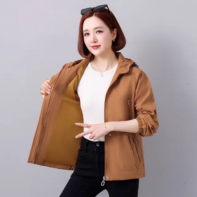 缪斯的诱惑 秋冬经典简约户外活动轻便防风工装冲锋软壳衣宽松显瘦百搭时尚潮流纯色舒适柔软拉链开衫上衣运动休闲外套松紧袖口连帽夹克 女款