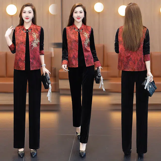 缪斯的诱惑 新中式国风复古唐装高质感丝绒提花单盘扣民族风刺绣东方古典立领马甲汉服长袖上衣高腰阔腿裤三件套优雅气质时尚休闲套装 女款