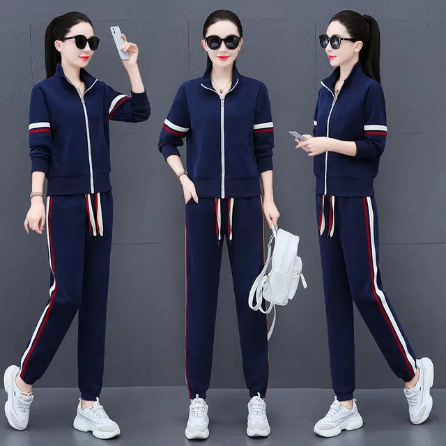 缪斯的诱惑 美式复古风拼接撞色开衫外套长袖上衣百搭束脚裤两件套小众设计高品质洋气减龄显瘦简约舒适柔软时尚潮流卫衣运动休闲套装 女款