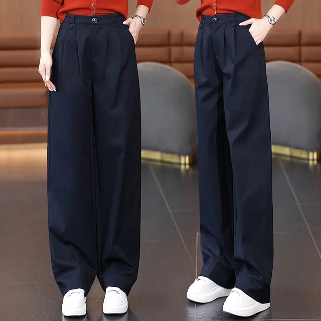 缪斯的诱惑 纯色基础简约美式高街复古风时尚百搭窄版阔腿裤立领裁缝通勤高腰垂感西装裤抗皱亲肤柔软舒适挺括气质宽松显瘦直筒裤休闲裤 女款