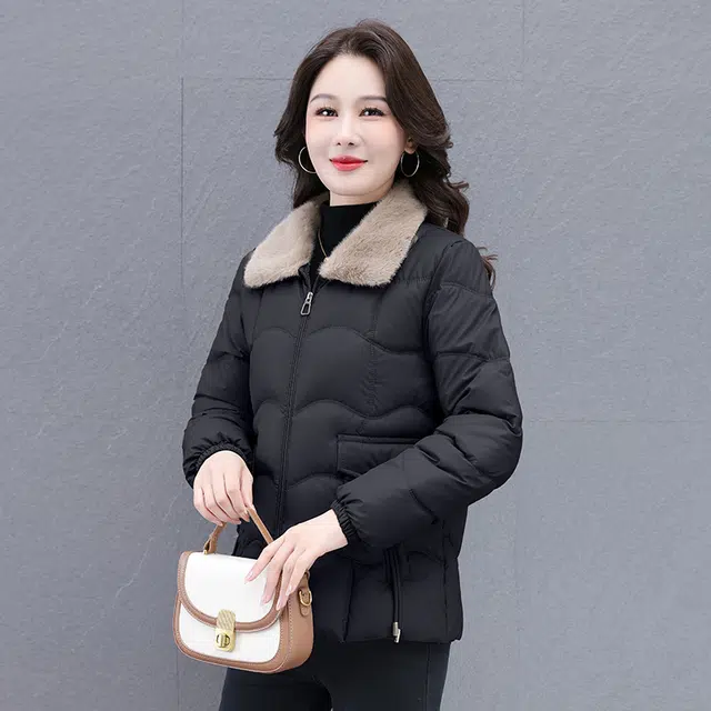 缪斯的诱惑 美式复古高级感时尚纯色潮流保暖加厚棉衣夹克秋冬休闲百搭优雅气质洋气中年妈妈装大方小香外套棉袄显瘦防风抗寒毛领棉服  女款