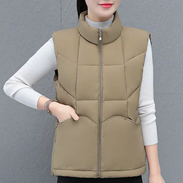 缪斯的诱惑 时尚潮流洋气经典简约纯色外穿防风加厚休闲运动轻便通勤棉服外套工装宽松无袖背心坎肩马夹百搭保暖厚实立领棉马甲 女款