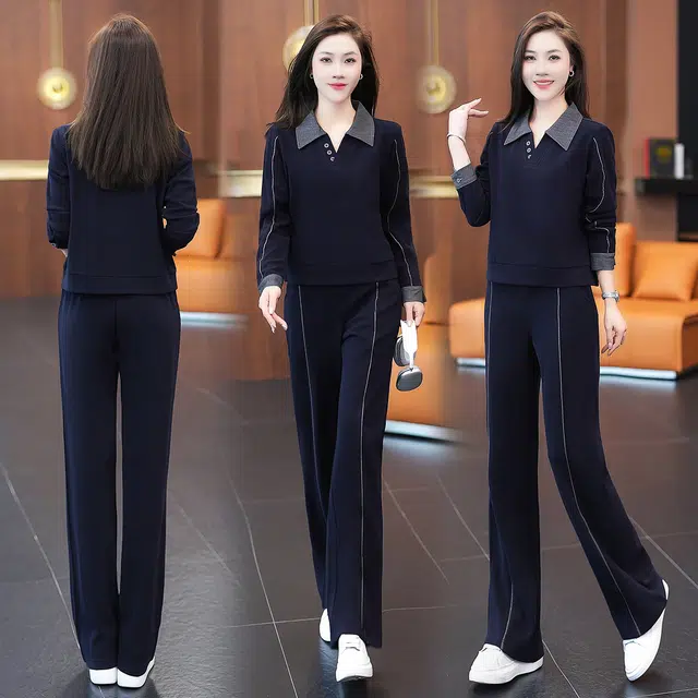 缪斯的诱惑 复古运动早秋日常整套穿搭拼色设计感假两件卫衣翻领长袖上衣百搭阔腿裤两件套显瘦显高洋气减龄优雅气质高端范时尚休闲套装 女款