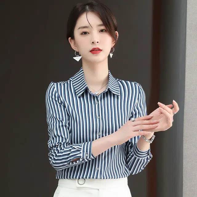 缪斯的诱惑 简约时尚条纹翻领设计轻便透气柔软亲肤柔顺轻盈舒适日常商务休闲便装气质优雅百搭精致上衣衬衫 女款