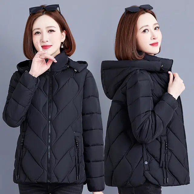 缪斯的诱惑 秋冬经典优雅气质洋气减龄纯色防风防寒保暖轻便运动休闲拉链开衫外套菱形棉衣加绒加厚御寒轻薄百搭时尚立领连帽面包棉服 女款