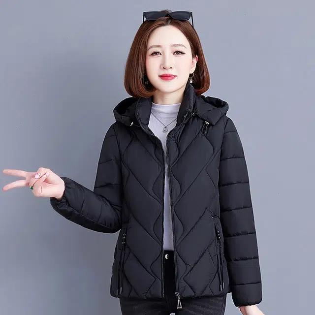 缪斯的诱惑 秋冬经典优雅气质洋气减龄纯色防风防寒保暖轻便运动休闲拉链开衫外套菱形棉衣加绒加厚御寒轻薄百搭时尚立领连帽面包棉服 女款