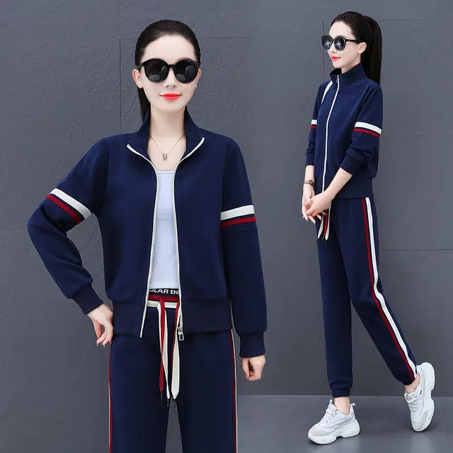 缪斯的诱惑 美式复古风拼接撞色开衫外套长袖上衣百搭束脚裤两件套小众设计高品质洋气减龄显瘦简约舒适柔软时尚潮流卫衣运动休闲套装 女款