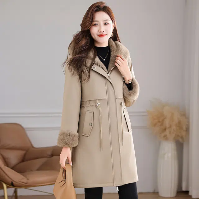 缪斯的诱惑 美式高街复古风时尚潮流两穿可拆卸大毛领防风中长款收腰显瘦抗寒保暖防钻绒休闲夹克棉服外套加绒加厚百搭连帽双面穿派克服 女款