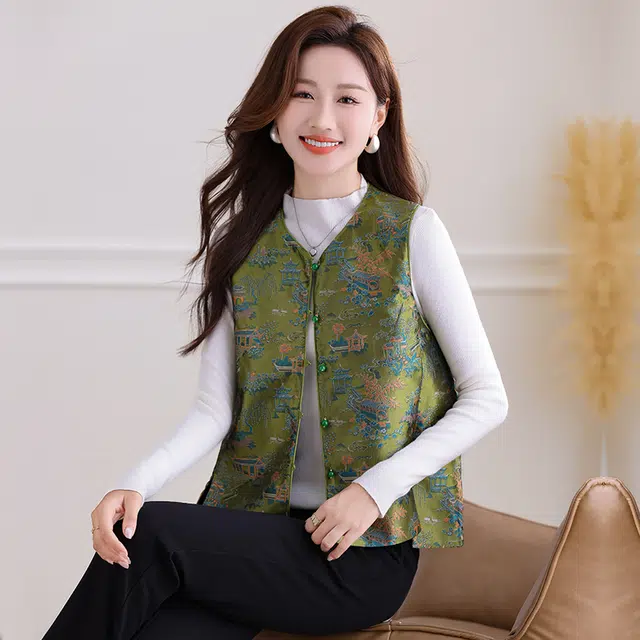 缪斯的诱惑 时尚优雅气质洋气减龄一衣两穿单排扣复古提花缎面拼接丝绒马夹百搭开衫上衣简约休闲外套叠搭背心双面穿圆领新中式国风马甲 女款