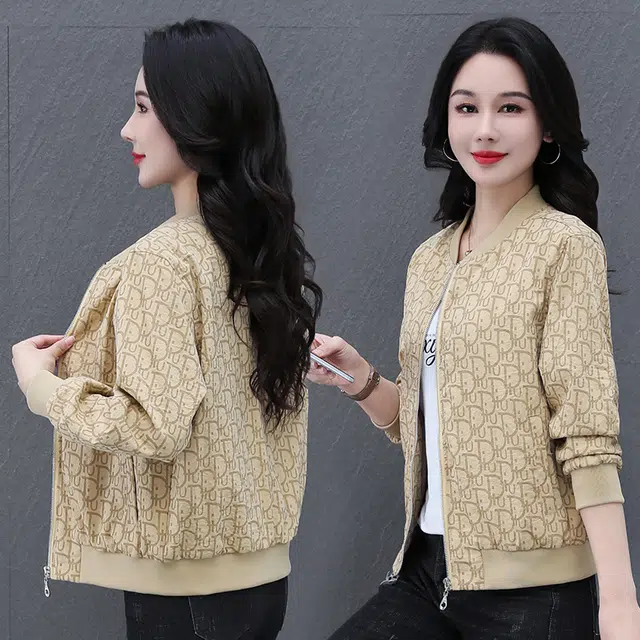 缪斯的诱惑 春秋优雅气质时尚潮流纯色满印经典高街复古风棒球领上衣运动休闲外套长袖拉链针织衫简约洋气减龄百搭舒适柔软立领夹克  女款