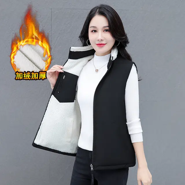 缪斯的诱惑 两穿工装立领外套简约时尚潮流洋气减龄一衣两穿休闲运动百搭无袖坎肩背心马夹拉链防风御寒加绒加厚羊羔绒保暖双面穿马甲  女款