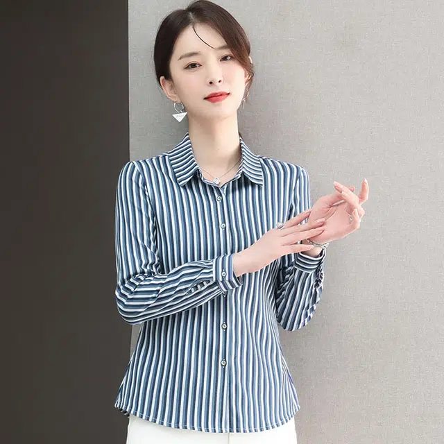 缪斯的诱惑 简约时尚条纹翻领设计轻便透气柔软亲肤柔顺轻盈舒适日常商务休闲便装气质优雅百搭精致上衣衬衫 女款