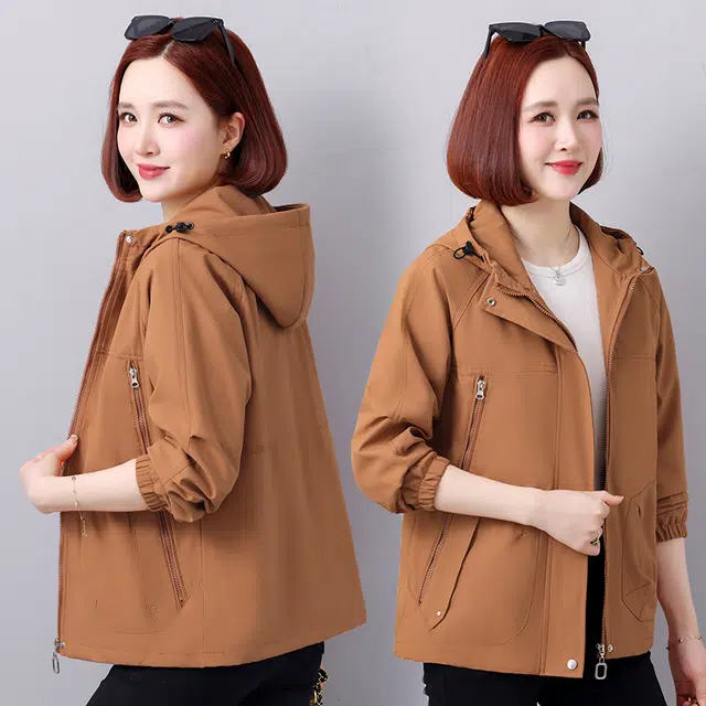 缪斯的诱惑 秋冬经典简约户外活动轻便防风工装冲锋软壳衣宽松显瘦百搭时尚潮流纯色舒适柔软拉链开衫上衣运动休闲外套松紧袖口连帽夹克 女款