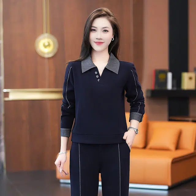 缪斯的诱惑 复古运动早秋日常整套穿搭拼色设计感假两件卫衣翻领长袖上衣百搭阔腿裤两件套显瘦显高洋气减龄优雅气质高端范时尚休闲套装 女款