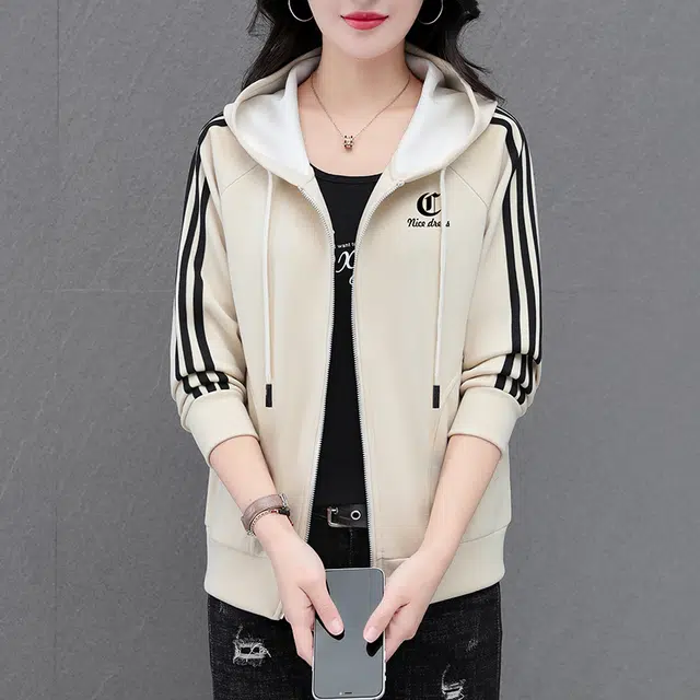 缪斯的诱惑 时尚潮流高品质优雅洋气轻盈舒适柔软简约百搭轻便宽松显瘦经典三条杠外套纯色长袖拉链开衫上衣休闲运动风棒球服连帽夹克 女款
