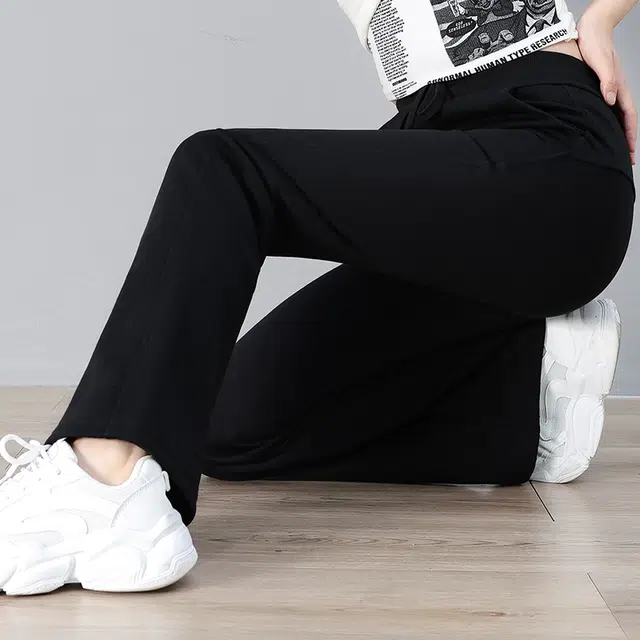 缪斯的诱惑 美式高街复古韩系时尚潮流纯色针织裤高腰宽松垂感阔腿裤抽绳轻便运动裤显瘦显腿长舒适直筒长裤秋冬通勤简约百搭酷飒休闲裤 女款