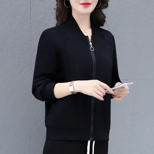 缪斯的诱惑 时尚潮流高品质优雅轻盈舒适柔软简约百搭轻便宽松通勤显瘦针织外套开衫上衣纯色长袖中年妈妈装减龄休闲运动风棒球领夹克  女款