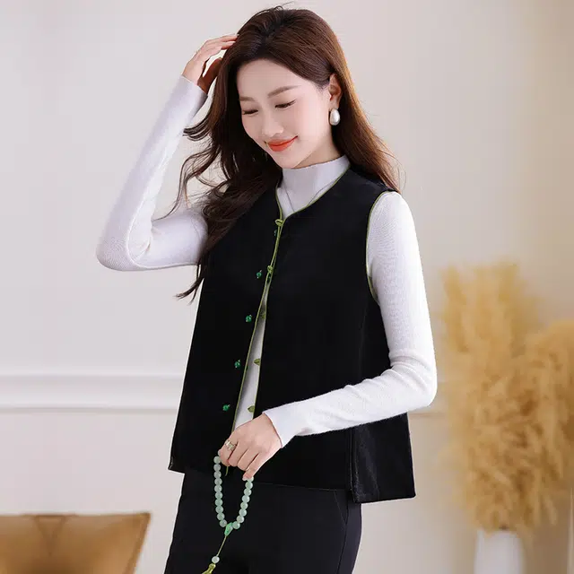 缪斯的诱惑 时尚优雅气质洋气减龄一衣两穿单排扣复古提花缎面拼接丝绒马夹百搭开衫上衣简约休闲外套叠搭背心双面穿圆领新中式国风马甲 女款