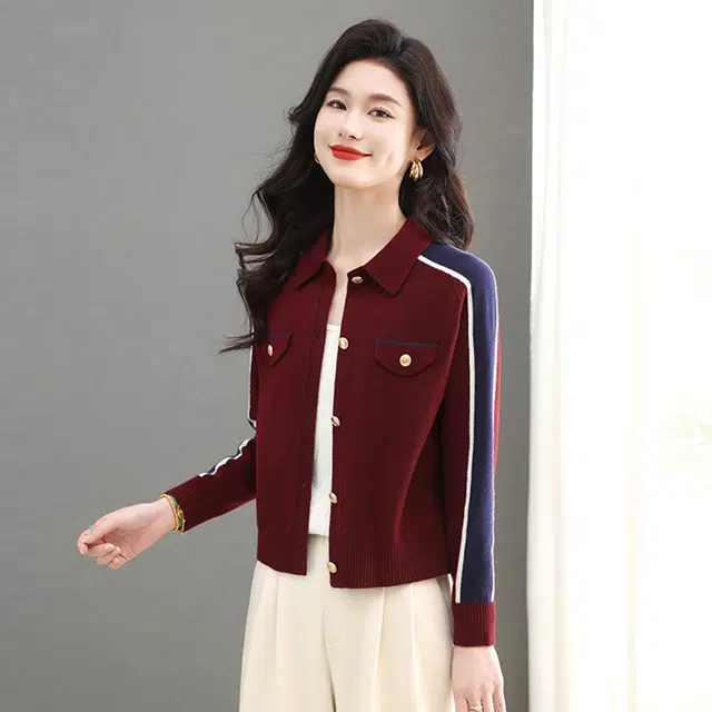 缪斯的诱惑 时尚潮流拼色设计感高雅气质外穿上衣日常百搭显瘦休闲舒适洋气减龄简约正肩长袖单排扣优雅小香短款外套翻领针织开衫毛衣 女款