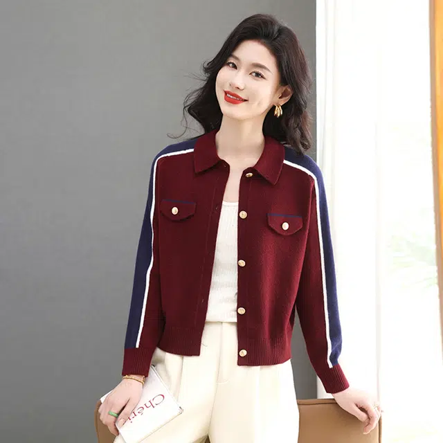 缪斯的诱惑 时尚潮流拼色设计感高雅气质外穿上衣日常百搭显瘦休闲舒适洋气减龄简约正肩长袖单排扣优雅小香短款外套翻领针织开衫毛衣 女款