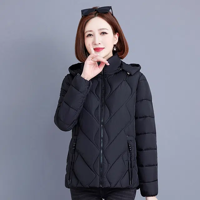 缪斯的诱惑 秋冬经典优雅气质洋气减龄纯色防风防寒保暖轻便运动休闲拉链开衫外套菱形棉衣加绒加厚御寒轻薄百搭时尚立领连帽面包棉服 女款