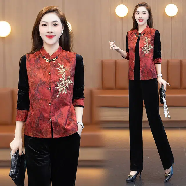 缪斯的诱惑 新中式国风复古唐装高质感丝绒提花单盘扣民族风刺绣东方古典立领马甲汉服长袖上衣高腰阔腿裤三件套优雅气质时尚休闲套装 女款