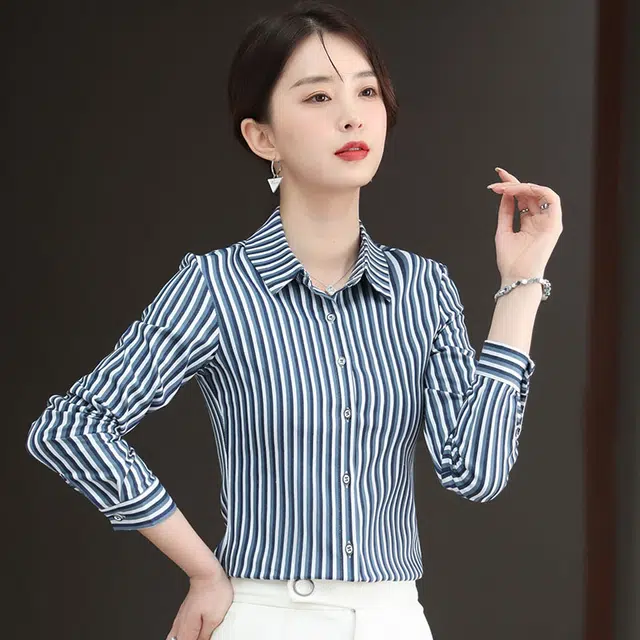 缪斯的诱惑 简约时尚条纹翻领设计轻便透气柔软亲肤柔顺轻盈舒适日常商务休闲便装气质优雅百搭精致上衣衬衫 女款