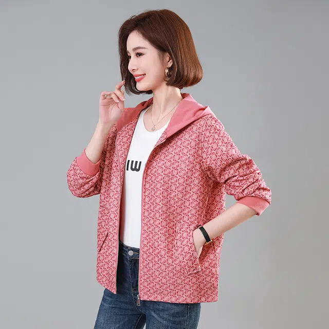 缪斯的诱惑 时尚潮流经典复古满印格纹舒适柔软运动休闲小香风外套帽衫上衣洋气减龄高级感百搭优雅气质简约宽松针织衫轻奢拼色连帽夹克 女款