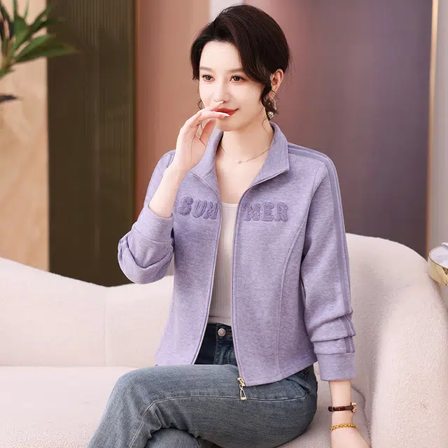 缪斯的诱惑 高质感时尚潮流简约洋气减龄美式复古风 纯色植绒钉珠条纹装饰运动休闲宽松百搭针织衫软壳衣柔软棒球上衣立领夹克开衫外套 女款