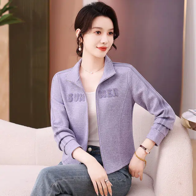 缪斯的诱惑 高质感时尚潮流简约洋气减龄美式复古风 纯色植绒钉珠条纹装饰运动休闲宽松百搭针织衫软壳衣柔软棒球上衣立领夹克开衫外套 女款
