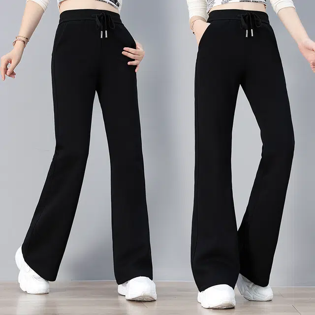 缪斯的诱惑 美式高街复古韩系时尚潮流纯色针织裤高腰宽松垂感阔腿裤抽绳轻便运动裤显瘦显腿长舒适直筒长裤秋冬通勤简约百搭酷飒休闲裤 女款