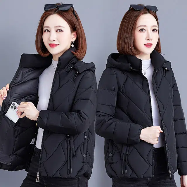 缪斯的诱惑 秋冬经典优雅气质洋气减龄纯色防风防寒保暖轻便运动休闲拉链开衫外套菱形棉衣加绒加厚御寒轻薄百搭时尚立领连帽面包棉服 女款