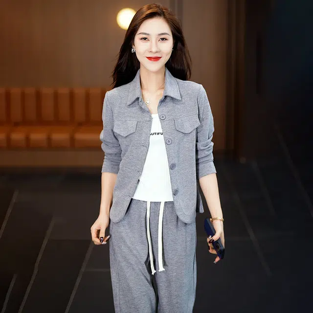 缪斯的诱惑 时尚潮流早秋日常整套穿搭纯色设计感翻领开衫外套搭背心阔腿裤三件套高级感显瘦显高洋气减龄优雅气质百搭针织衫休闲套装 女款