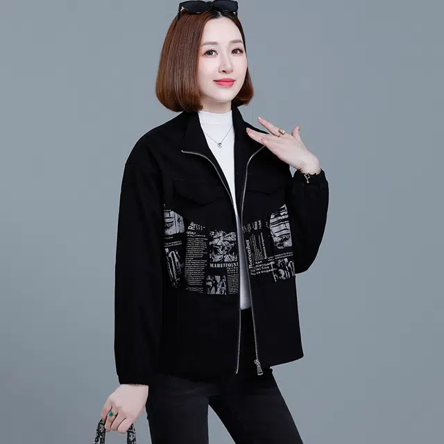 缪斯的诱惑 秋冬时尚个性美式高街风休闲宽松拼接印花时髦洋气百搭短短款软壳衣拉链外套立领保暖夹克 女款