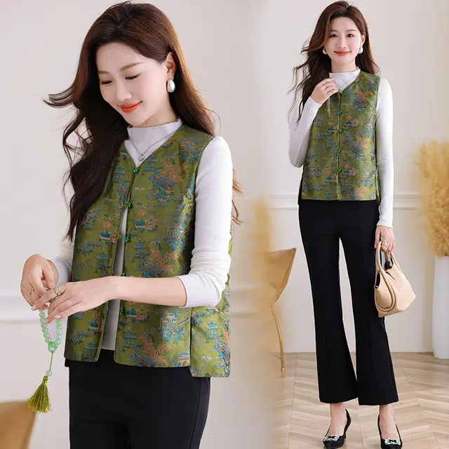 缪斯的诱惑 时尚优雅气质洋气减龄一衣两穿单排扣复古提花缎面拼接丝绒马夹百搭开衫上衣简约休闲外套叠搭背心双面穿圆领新中式国风马甲 女款