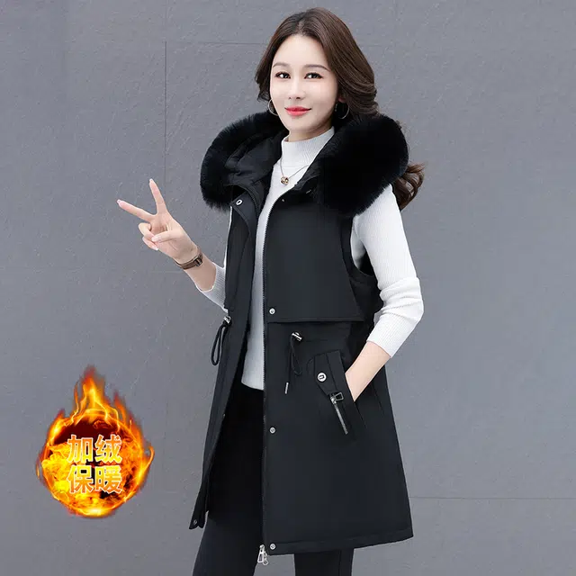 缪斯的诱惑 美式工装风时尚潮流一衣两穿可拆卸袖马甲中长款收腰显瘦抗寒保暖防钻绒防风袖口休闲夹克棉服厚实外套百搭毛领连帽派克服 女款