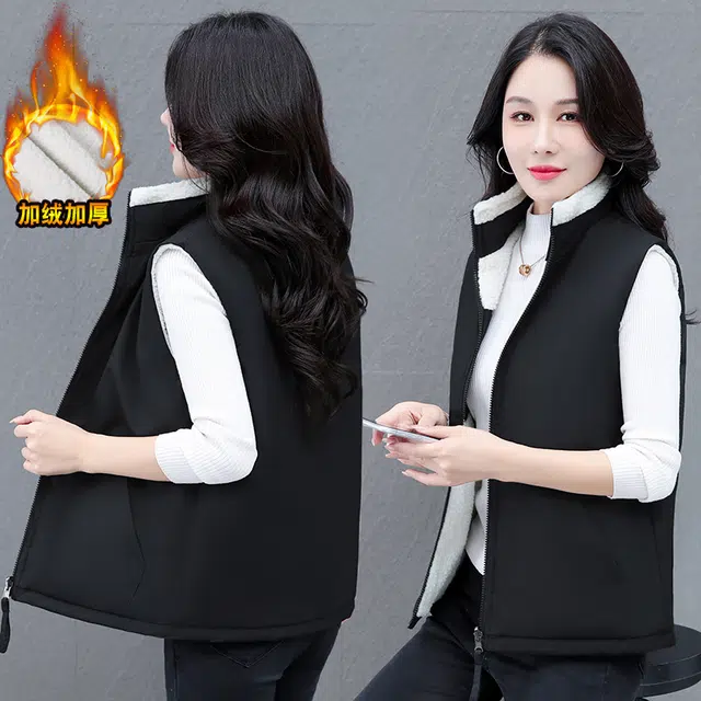 缪斯的诱惑 两穿工装立领外套简约时尚潮流洋气减龄一衣两穿休闲运动百搭无袖坎肩背心马夹拉链防风御寒加绒加厚羊羔绒保暖双面穿马甲  女款