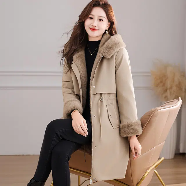 缪斯的诱惑 美式高街复古风时尚潮流两穿可拆卸大毛领防风中长款收腰显瘦抗寒保暖防钻绒休闲夹克棉服外套加绒加厚百搭连帽双面穿派克服 女款