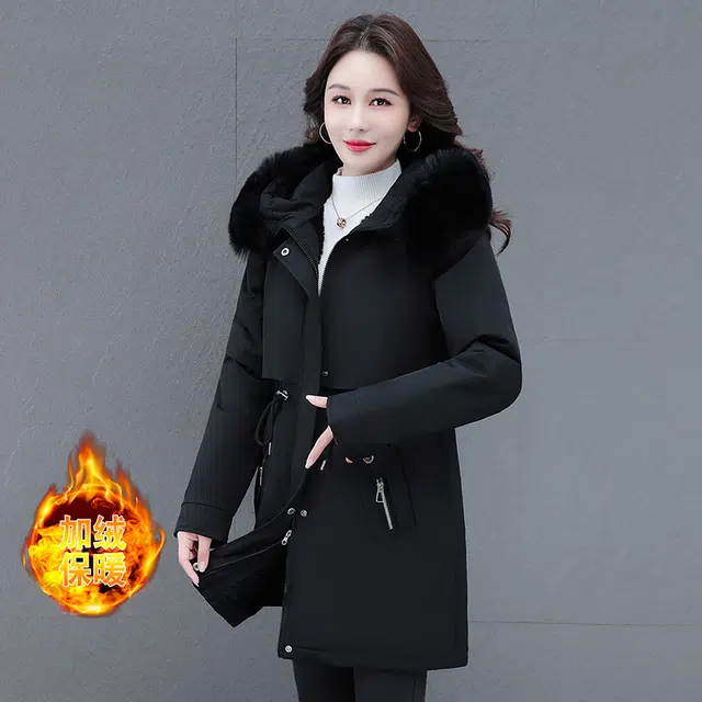 缪斯的诱惑 美式工装风时尚潮流一衣两穿可拆卸袖马甲中长款收腰显瘦抗寒保暖防钻绒防风袖口休闲夹克棉服厚实外套百搭毛领连帽派克服 女款