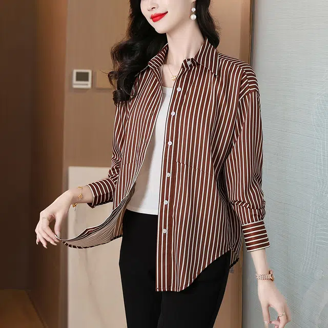 缪斯的诱惑 潮流时尚条纹纯色设计感休闲日常通勤简约修身显瘦柔软亲肤柔顺舒适轻便透气百搭轻盈上衣衬衫 女款