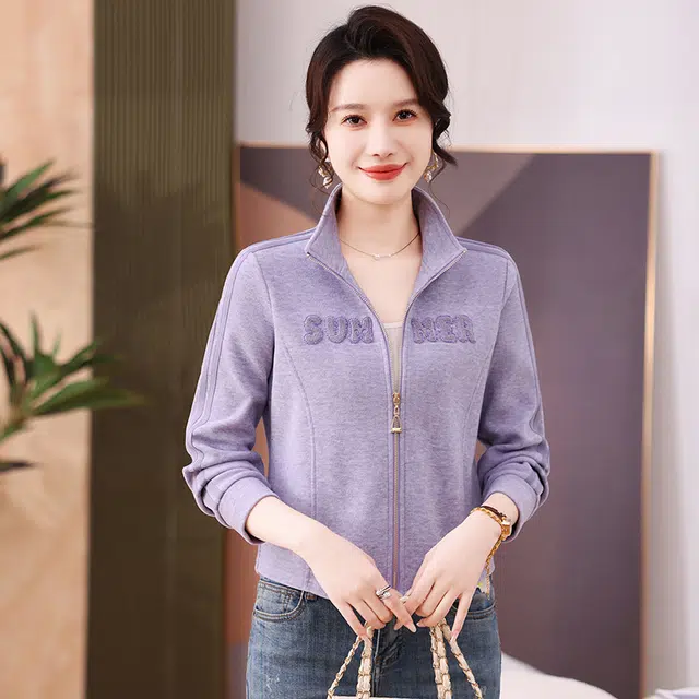 缪斯的诱惑 高质感时尚潮流简约洋气减龄美式复古风 纯色植绒钉珠条纹装饰运动休闲宽松百搭针织衫软壳衣柔软棒球上衣立领夹克开衫外套 女款