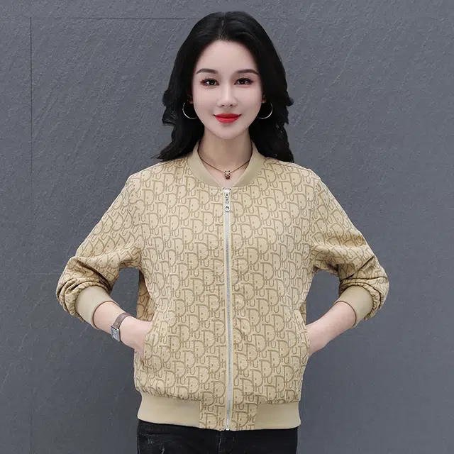 缪斯的诱惑 春秋优雅气质时尚潮流纯色满印经典高街复古风棒球领上衣运动休闲外套长袖拉链针织衫简约洋气减龄百搭舒适柔软立领夹克  女款