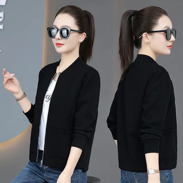 缪斯的诱惑 春秋穿搭时尚潮流纯色运动休闲长袖针织衫经典复古风棒球领上衣简约洋气减龄户外百搭软壳衣舒适亲肤外套立领夹克 女款