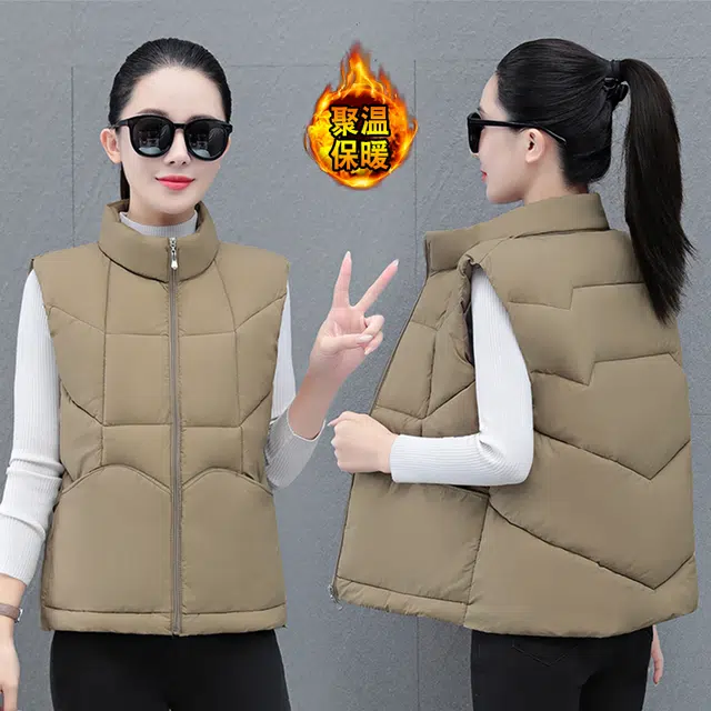 缪斯的诱惑 时尚潮流洋气经典简约纯色外穿防风加厚休闲运动轻便通勤棉服外套工装宽松无袖背心坎肩马夹百搭保暖厚实立领棉马甲 女款