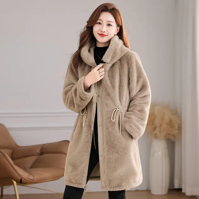 缪斯的诱惑 美式高街复古风时尚潮流两穿可拆卸大毛领防风中长款收腰显瘦抗寒保暖防钻绒休闲夹克棉服外套加绒加厚百搭连帽双面穿派克服 女款