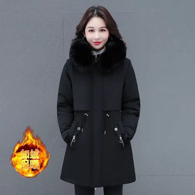 缪斯的诱惑 美式工装风时尚潮流一衣两穿可拆卸袖马甲中长款收腰显瘦抗寒保暖防钻绒防风袖口休闲夹克棉服厚实外套百搭毛领连帽派克服 女款